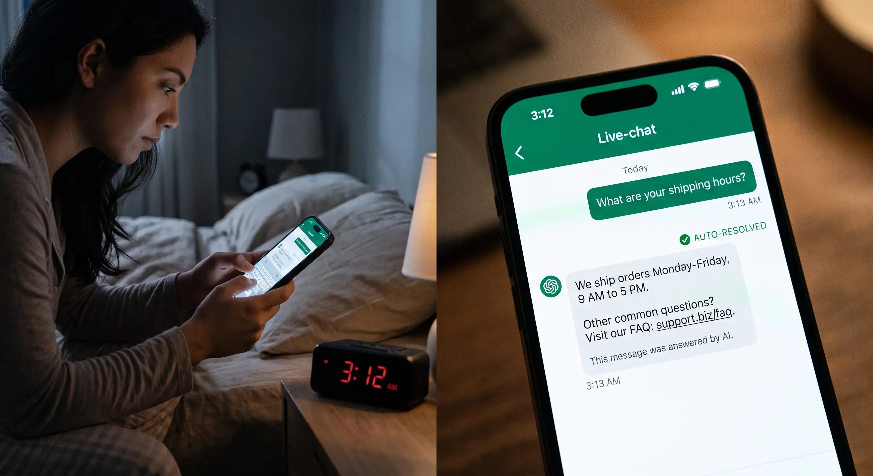 Photo of a customer asking shipping times at 3:12 am via chat.