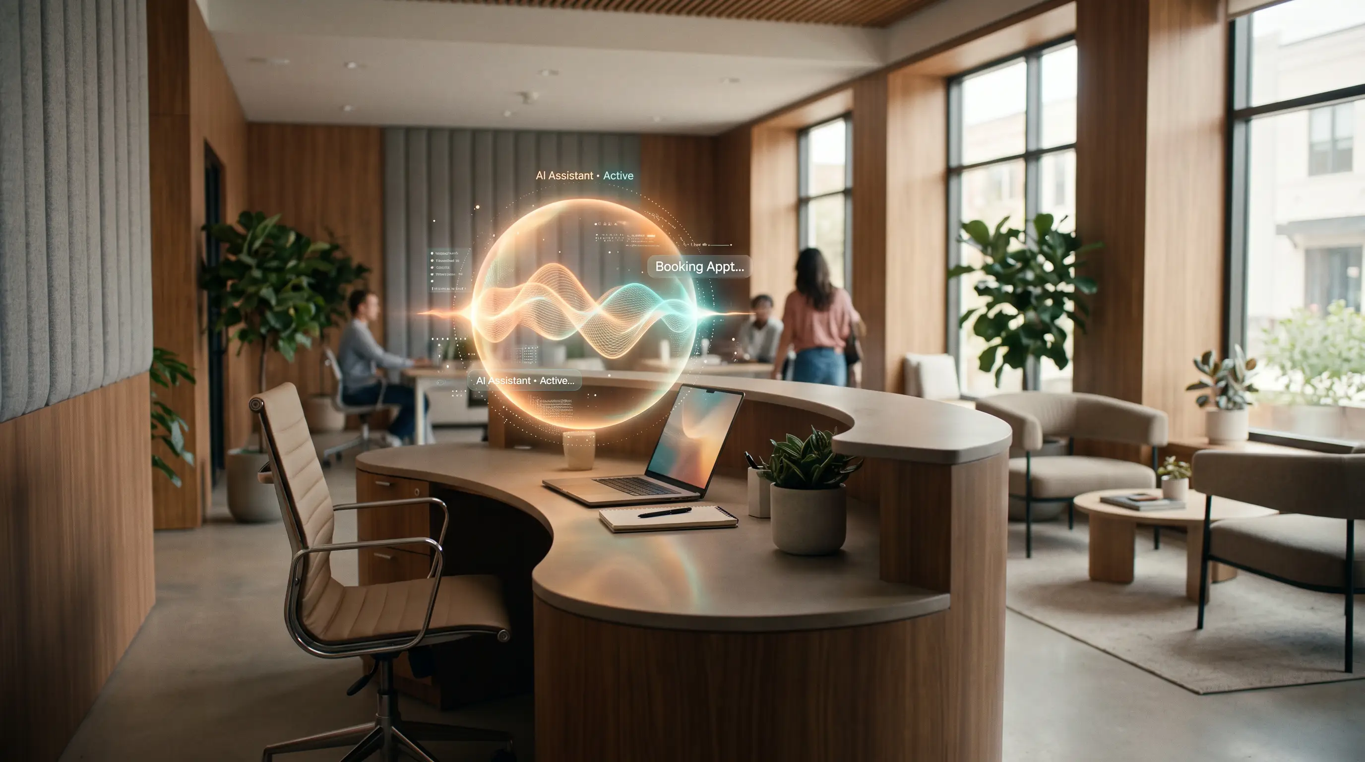 Illustration showing a laptop with the AI Receiptionist working and confirming a booking.