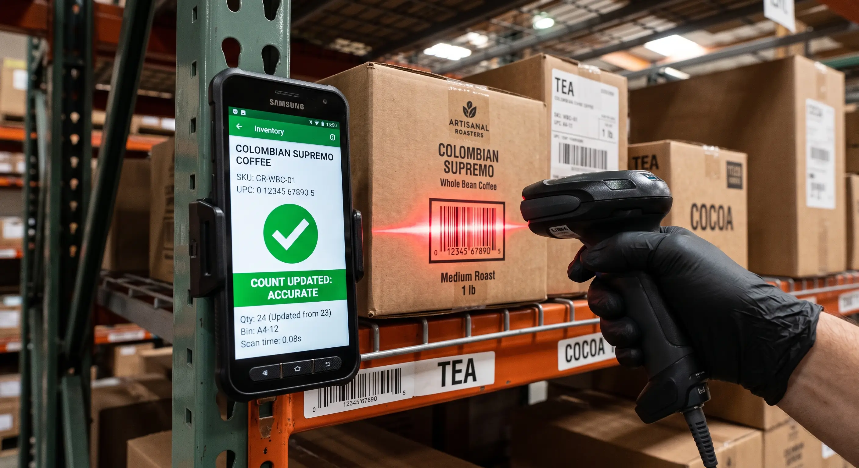 A worker scans the barcode and the phone showing the stock status.