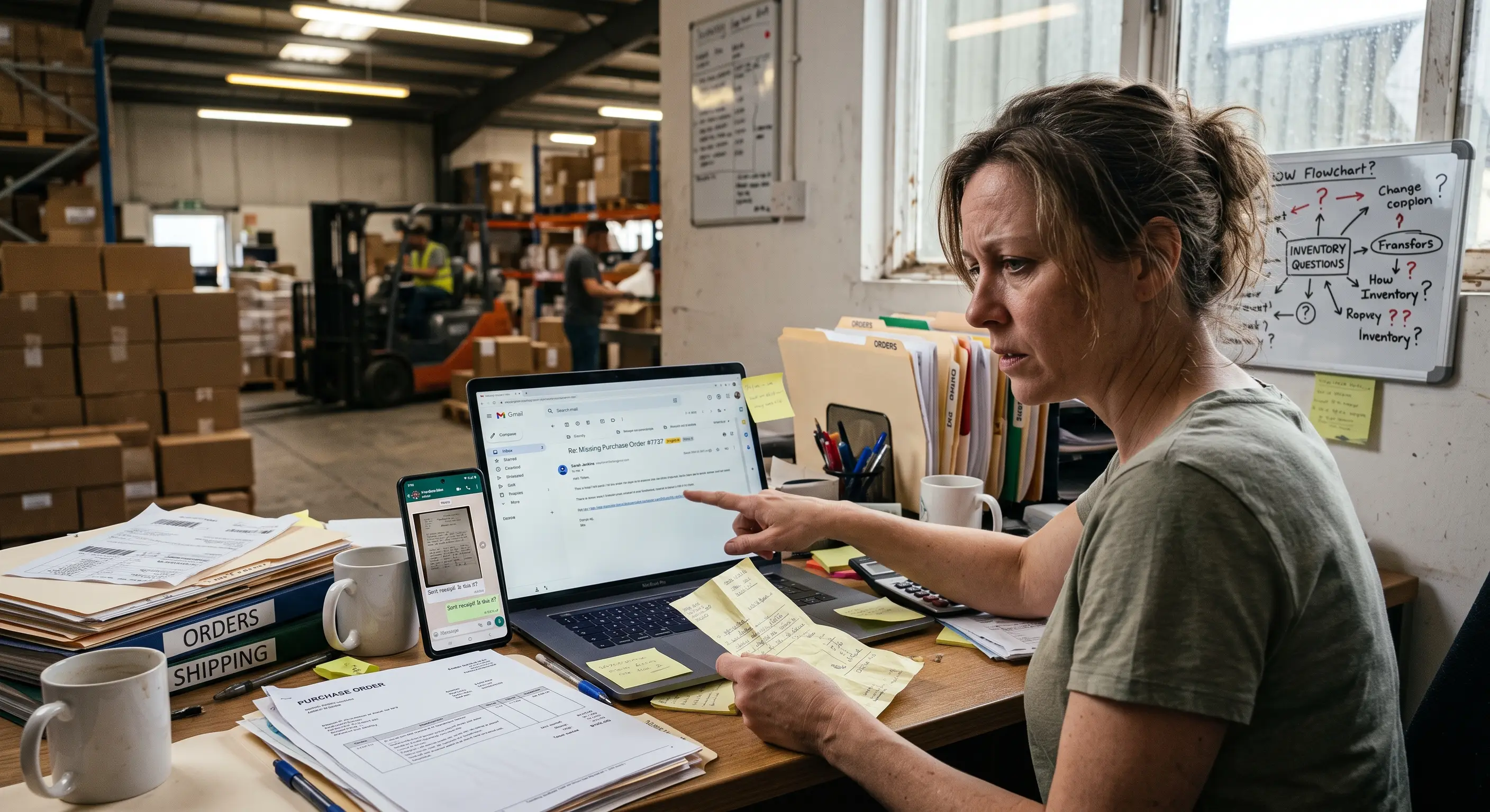 A lady struggling to track email treads against a delivery note written on paper. 
